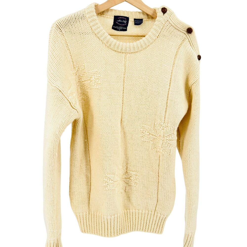 Vintage 70s Allen Solly Cream 100% Wool Cable Knit Fisherman Sweater